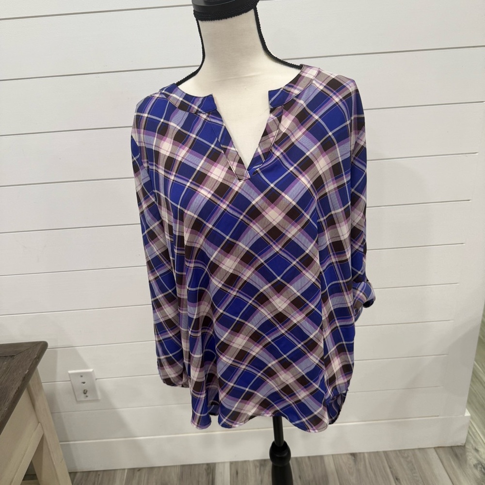 Cato Blue and Pink Plaid Hi Lo Blouse